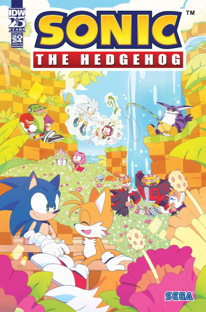 une couverture de IDWSonic, avec les différentes personnage se détendant