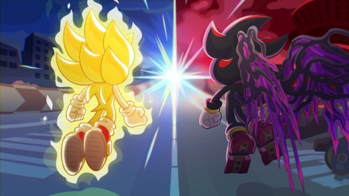 Super Sonic et Doom Wing Shadow, de dos, regardant une lumière, dans un décords de ville, de nuit pour Sonic, distordu avec un ciel rouge pour Shadow